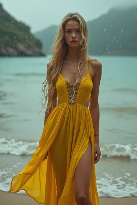 A beautiful girl in a yellow swimsuit with long golden hair bathing in the rain and dressed in a full-body renaissance period bathing on the beach as well 