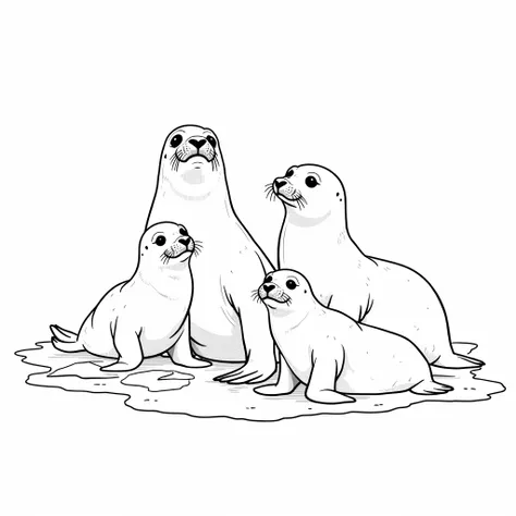 Antarctic Seals, Line art, Coloring book, Black and White, It is made with great attention to detail、There are also baby seals. 
