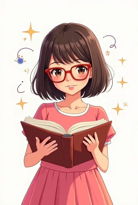 A comics image of a girl in a pink dress starting from white skin, brown eyes straight hair, reading glasses