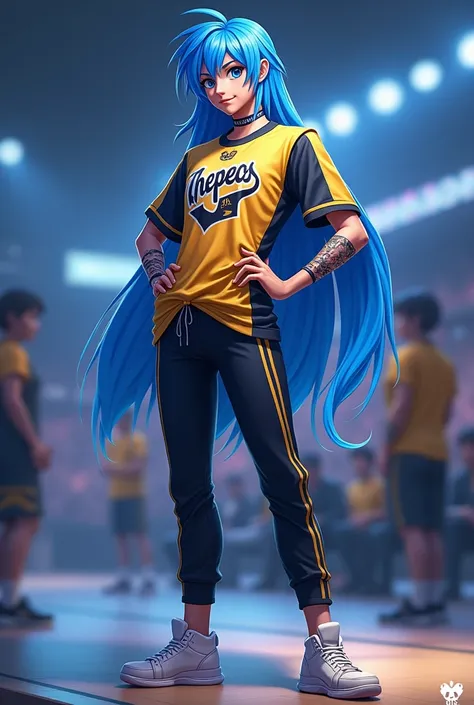 GAME FREE FIRE HAIR BLUE STRAND THAT HITS IN THE FRONT AND BACK BLACK CHEPEOS TEAM SHIRT.   Free Fire Championship Champion WITH BLACK LINED BLACK PANTS WITH WHITE LINED SIDE WHITE SNEAKERS 