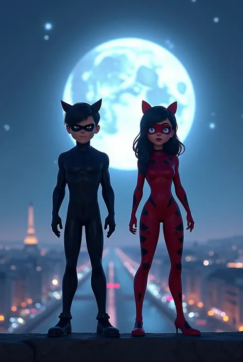 Miraculous ladybug and cat noir With moon white and Paris night
