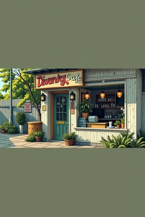 line-art painting of an coffee shop surrounded by pink with the big sign say "Diwanky Cafe", sunny day outside, detailed texture, raelistic, 3d