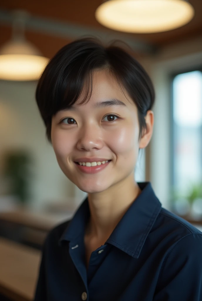 casual expression, short hair, dark blue collared shirt, internal environment, Ceiling lights, natural ambient light, soft shadows, Relaxed atmosphere, foto em close, uniform exposure.