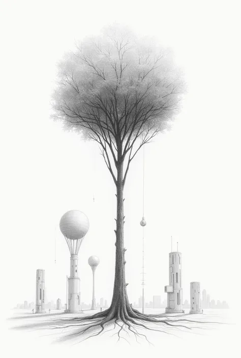 A tree with a vision of the future in a pencil drawing without many details and with future structures to be reproduced on a school wall