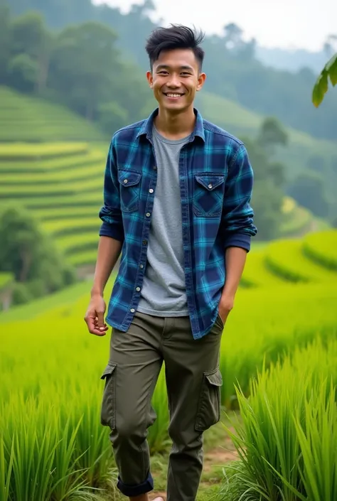 a handsome Indonesian man, very short spiky hair, smiling face, showing a thin figure, blue plaid shirt, grey t-shirt, cargo pants, sport shoes, standing on the sawah