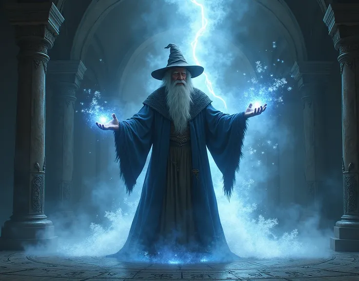 the picture shows an old sorcerer conjuring a ray of frost