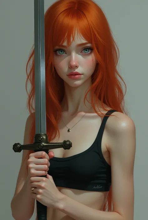 A young girl with long red hair,blue eyes,pale skin and a wild expression. 1,58,VERY beautiful and cute. A shy expression on her face as she holds a sword on her hand. 
Wears a black sports bra.