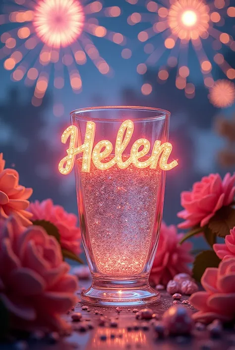 A glass full of diamonds with fireworks behind with several flower arrangements with the name Helen in 3D highlighted in the middle of the image in bold 