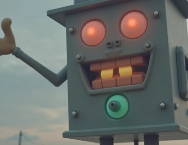 Alone, laughter, open mouth, Teeth, a lighthouse that became an animation, it is square and the eyes are one on the left side and the other on the right side, separated by the red and yellow lights. Below the yellow is the mouth and below the green light