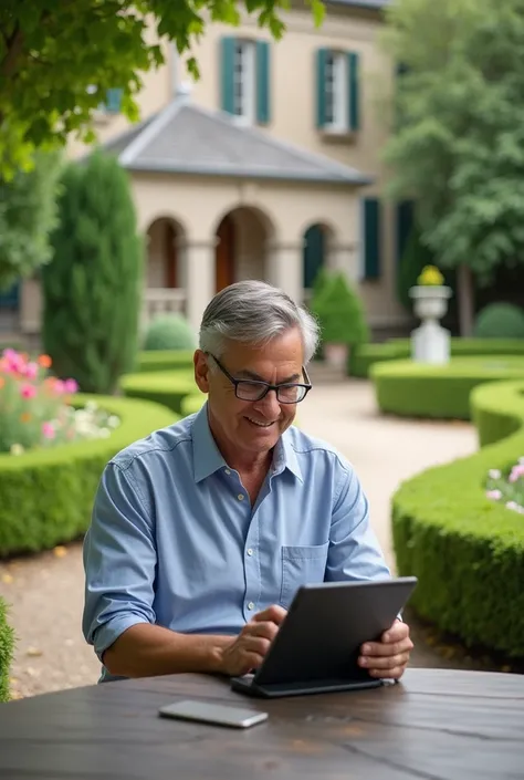 CREATE 8k PHOTOGRAPHY OF A MATURE MAN WITH SHORT HAIR AND GLASSES SITTING AT A TABLE IN THE GARDEN OF HOME MEYER ON THE TABLET HAPPY