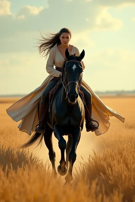 Woman running on black horse in a wheat field, high quality, ultra realistic