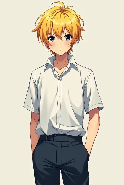 Appearance: Kai is a  anime boy with black eyes, medium yellow hair, he wears a middle school outfit, his height is 5,7