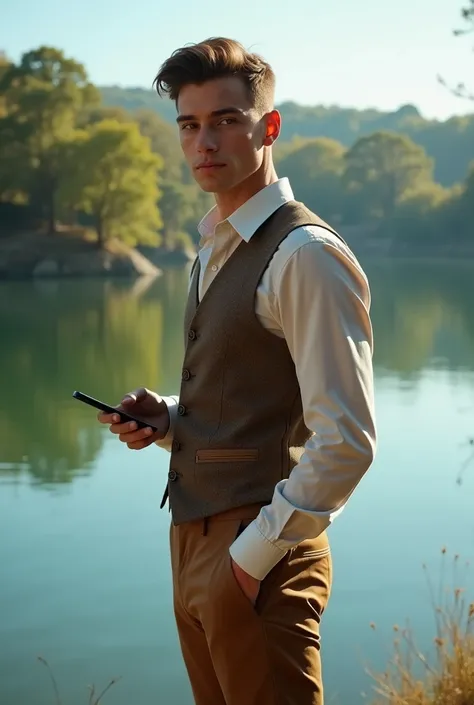 Perfect young man in vintage clothes with a mobile phone in his hand at a lake