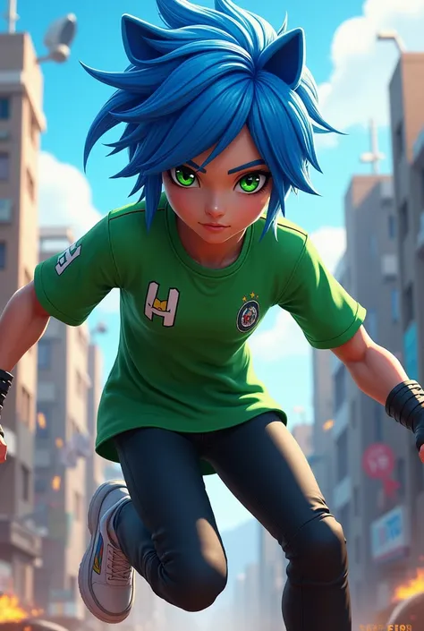 FREE FIRE CHARACTER BLUE HAIR WITH BLACK FREE FIRE SONIC EYES GREEN TEAM SHIRT BLACK PANTS WHITE MEN&#39;S SNEAKERS 