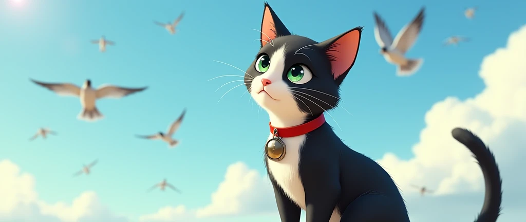 Tito, a young adult cat, black hair and white legs, with large and curious eyes of light green color, It carries a red collar with a round medal hanging in the center. He sat for hours looking up at the sky, watching the sparrows and doves fly  
3487356551