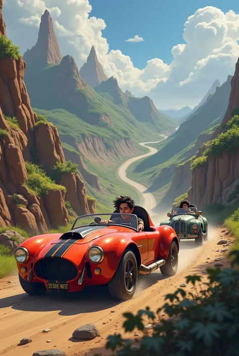 Rico is speeding down a steep hill with his car "The Dragon Lightning", skillfully maneuvering between rocks and obstacles. The wind ruffles his hair as his expression shows determination.. In the background, Sir Aldric&#39;s cart can be seen stuck in the ...