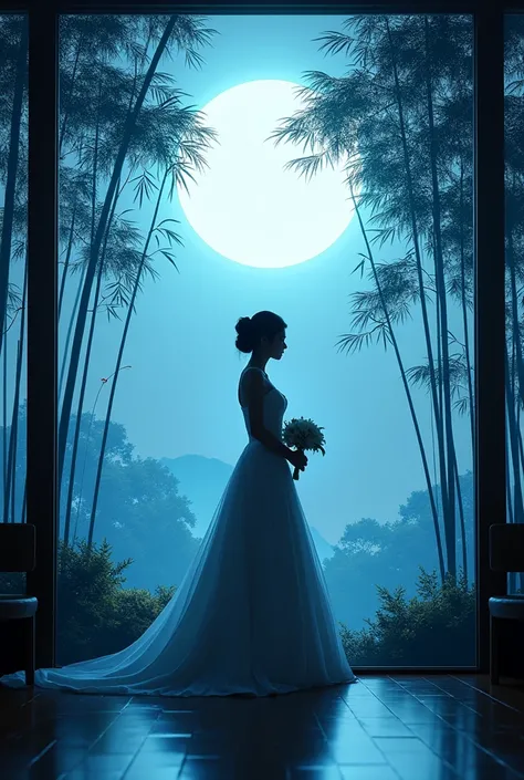  (((silhouette art:1.5))), 1Bride attire, (Double Exposure:1.3), Silhouette of a bride in a wedding dress standing alone at a restaurant wedding overlooking a Japanese garden with a bamboo forest, blue Moon, (Close-up), improve, complex, (best quality, mas...