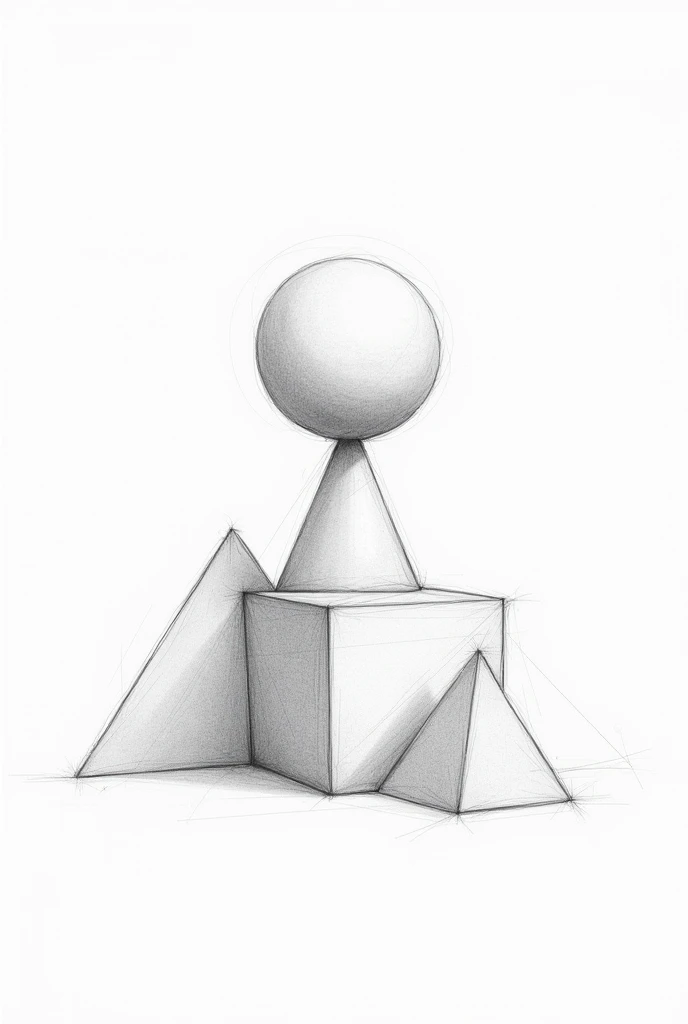 generate a normal sketch of a sphere that is on top of the cone, while the cone is placed on top of a cube and placed the cube on top of a pyramid. Apply light, shadow and contrast 

