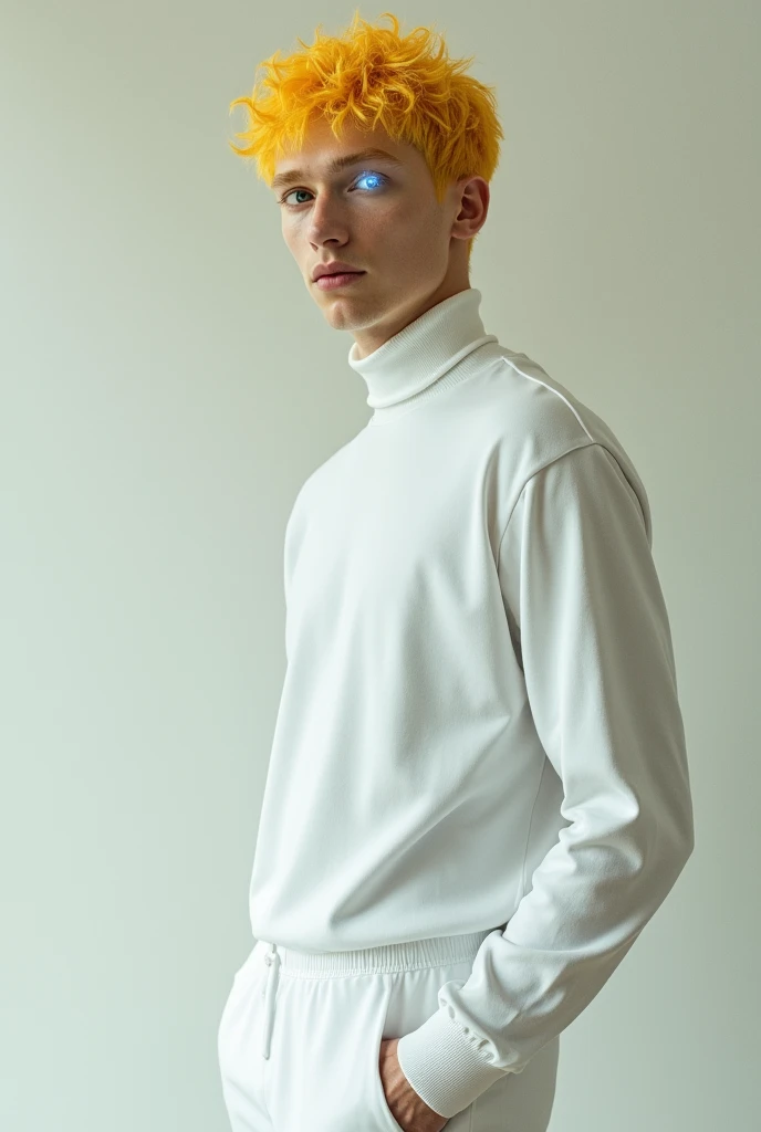 A man with yellow hair and star eyes wearing a white turtleneck shirt with white pants and white Nike sneakers 