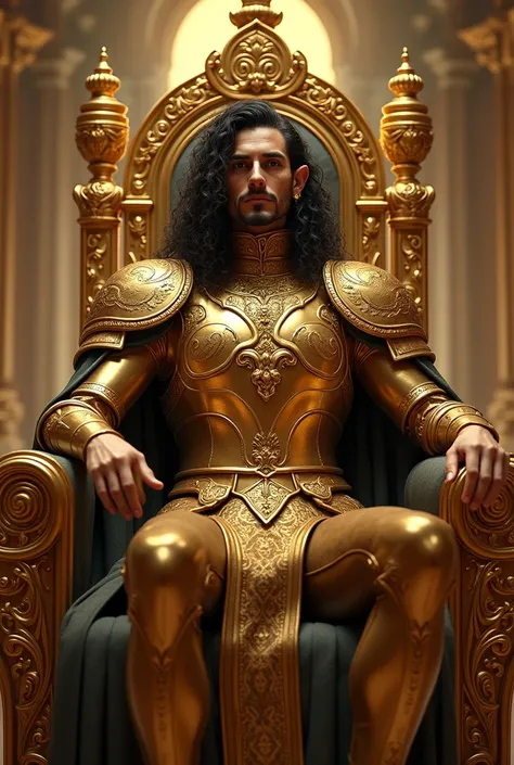 create an elf on a golden throne wearing golden armor, your hair is big, curly and black, create in realistic art style