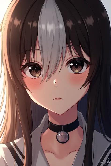 Beautiful girl with long hair and half brown and half white with black eyes from anime my hero academy ua