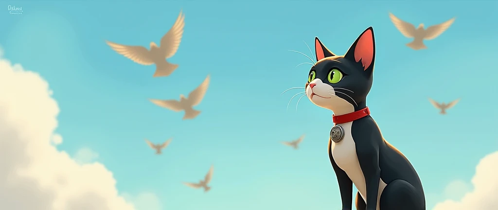 Tito, a young adult cat, black hair and white legs, with large and curious eyes of light green color, It carries a red collar with a round medal hanging in the center. He sat for hours looking up at the sky, watching the sparrows and doves fly  
3487356551