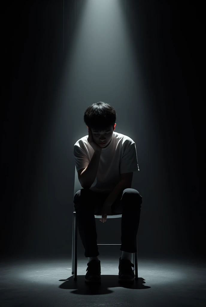 A school student with a regretful expression is needed on a black stage. 3D realistic. There should be volumetric light on the stage. The light area should not fall on half of the body. He should sit on a chair.