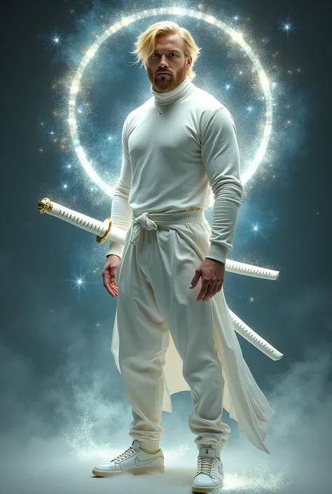 A man with yellow hair and star eyes wearing a white turtleneck shirt with white pants and white Nike sneakers with a shiny white katana with stars around it 