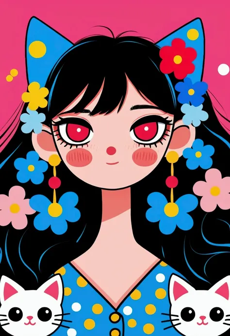 Anime-style illustration of a person with blue and pink cat ears, long black hair, and wearing flower-shaped earrings. The character has large expressive red eyes, makeup with rosy cheeks, and a neutral expression. They are accompanied by two cartoon cats—...