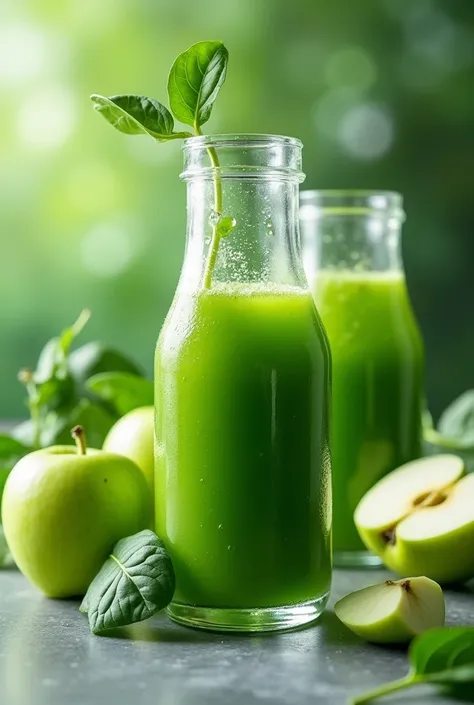 Create a photo of green apple detox juices with lots of spinach 