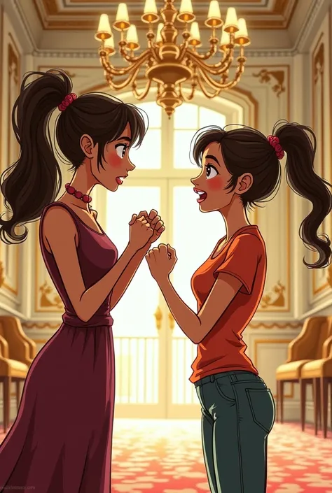 Give me a drawing of a  girl arguing with her mother in a mansion, it has to look like its drawn