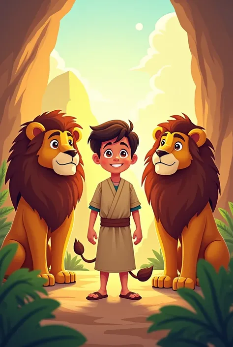 Create a cartoon image for kids about the Bible story of Daniel in a lion&#39;s den, that the image has bright and cheerful colors 