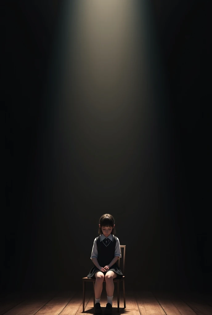 A girl school student with a regretful expression on a black stage is needed. 3D realistic. There should be volumetric light on the stage. The light area should not fall on half of the body. She should sit on a chair.
