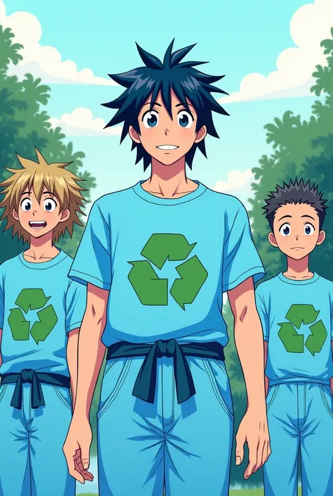 ASME A COMIC WHERE IT TALKS ABOUT SAVING WATER WITH THE CHARACTERS OF GOJO SATORU WITH A BLUE SWEATSHIRT AND ON THE T-SHIRT ONE SLEEVE IS GREEN , THIS IS WITH GOJO&#39;S CHARACTERS AND HIS CAST OK BUT DO IT IN SPANISH 
