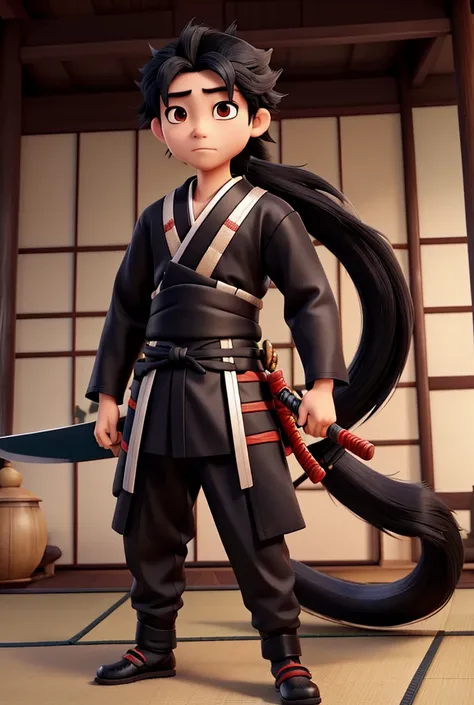 Japanese samurai boy with black hair and long tail, Japanese clothes, katana sword  