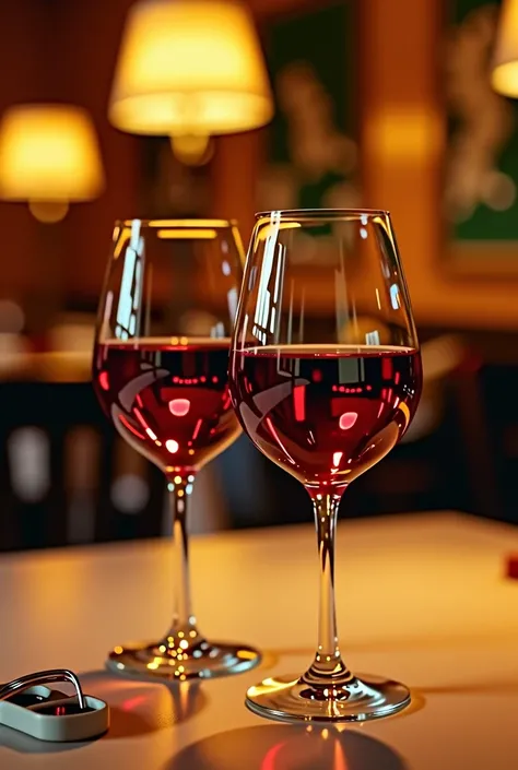 Two glasses of red wine on a restaurant table, many details, Real photo, yellow light reflections 