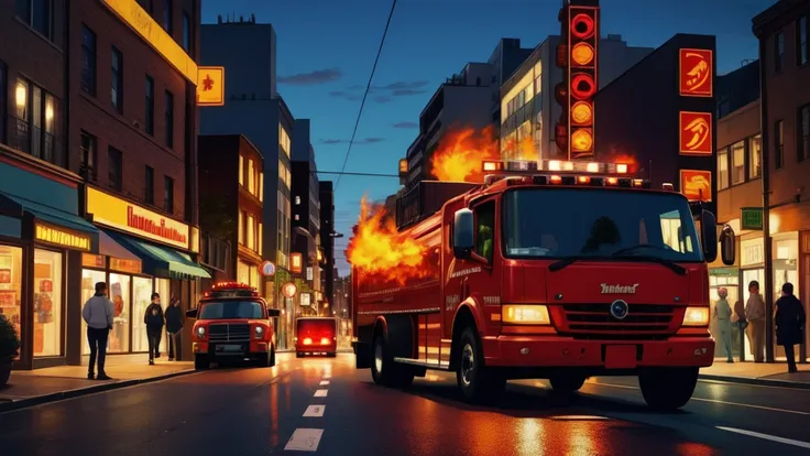 "marshall driving his fire truck through a city street, lights flashing."