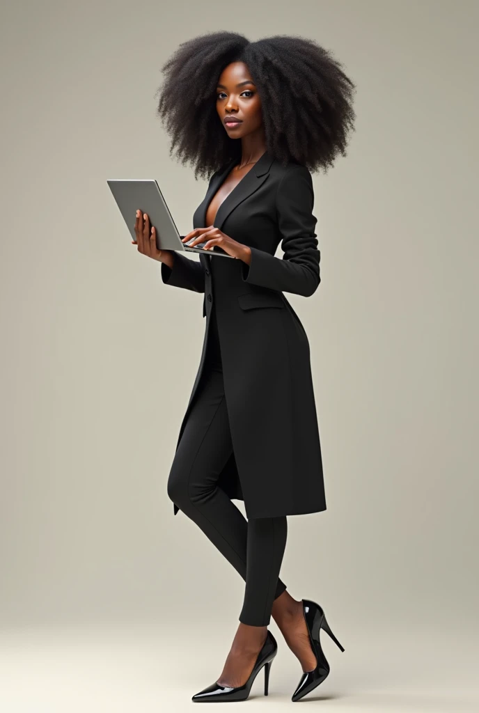 Black woman , 2 curly hair elegant full body wearing high heel shoes with computer in hand 
