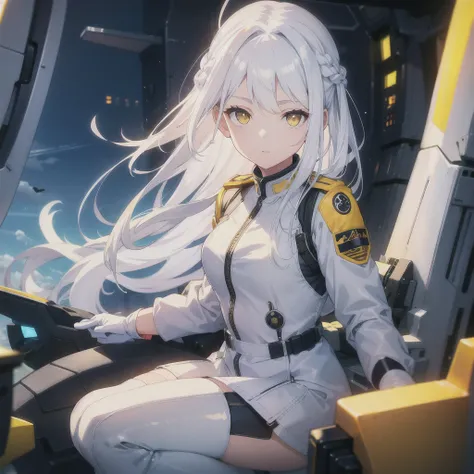 somas2,1girl、Alone、Yellow Eyes、White Hair、Long Hair、Braided Bangs、
S2Uniform、White gloves、boots、
cb pilot suit