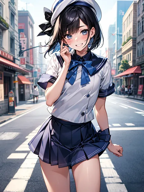 Best Quality, 1boy,Androgynous male,Flat Chest,Black Hair,Short Bob Cut,White and light blue sailor uniform,Hat with ribbon,Mini skirt dress,Short sleeve,Laugh shyly, smile,blush, Character Portrait, Shooting in the city