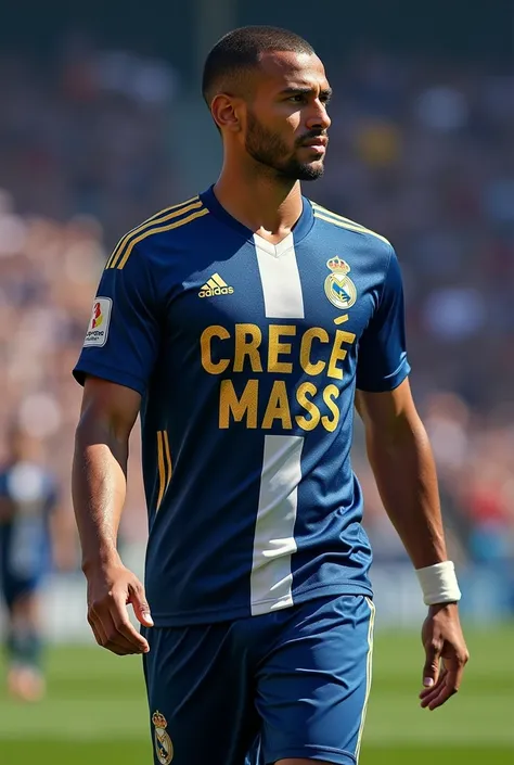 Create a soccer jersey design with the phrase in Spanish and capital letters on the right chest "CRECE MASS"  . T-shirt in blue, white and gold.
