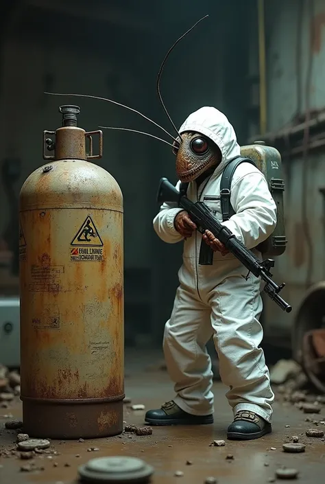 Create a chest of explosive gas near the white-suited cockroach with an AK 47