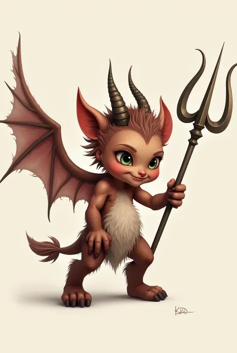 Baby devil machi with wings. Kickstand and flying trident in profile. human face, Human arms and goat legs realistic style. flying