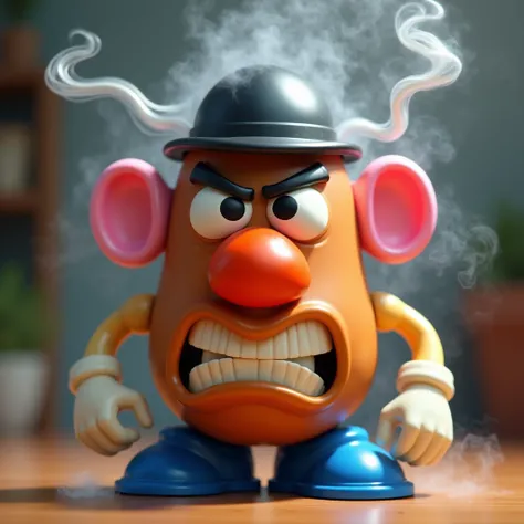 Mister Potato from Toy Story angry smoke coming out of his ears 