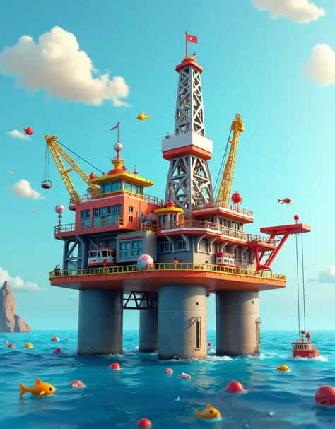 Oil company in the middle of the sea, Pixar style 3D