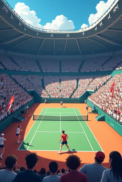 A tennis team playing on the court with fans