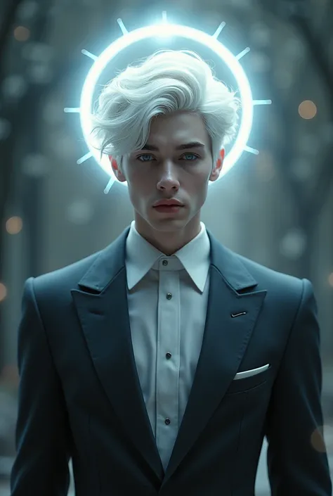 a young man with white hair and silver eyes, wearing a suit with a halo on his head
