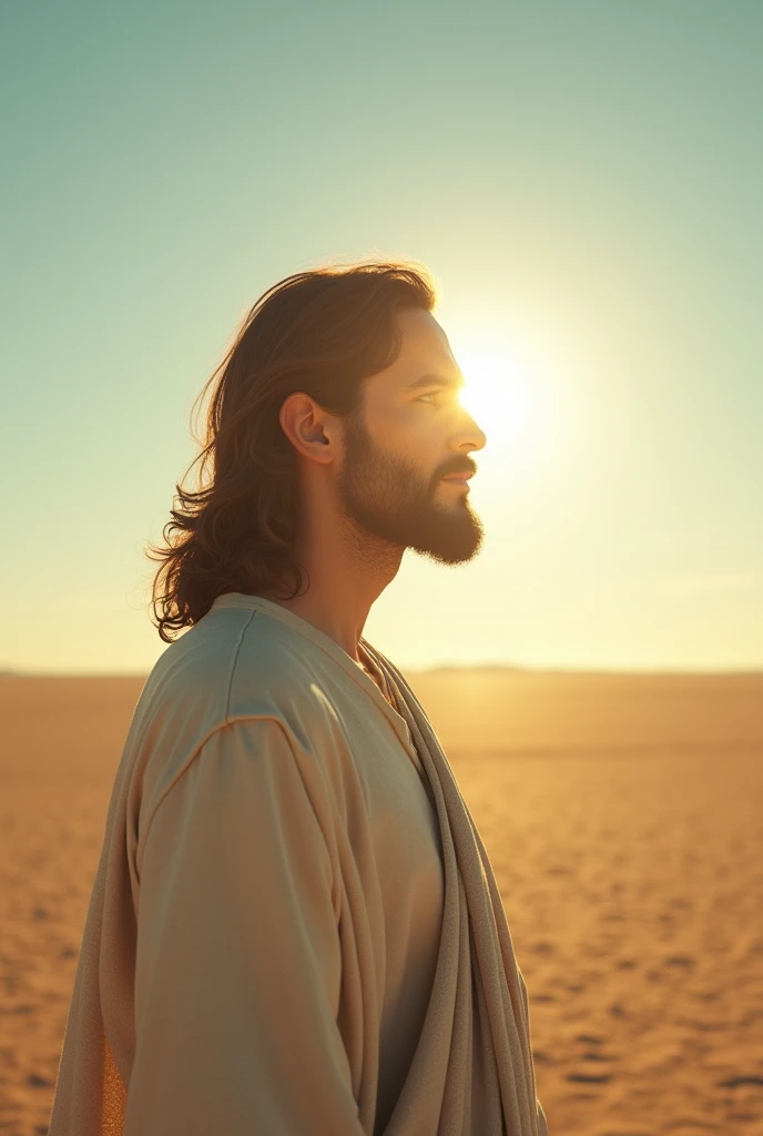 An ultra-realistic depiction of Jesus standing alone in a vast, flat open plain, devoid of vegetation or any signs of life. He is shown from a medium distance, his figure commanding the scene as he gazes contemplatively towards the distant horizon. His fac...