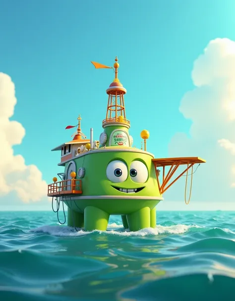 Green oil company in the middle of the sea, Pixar style 3D