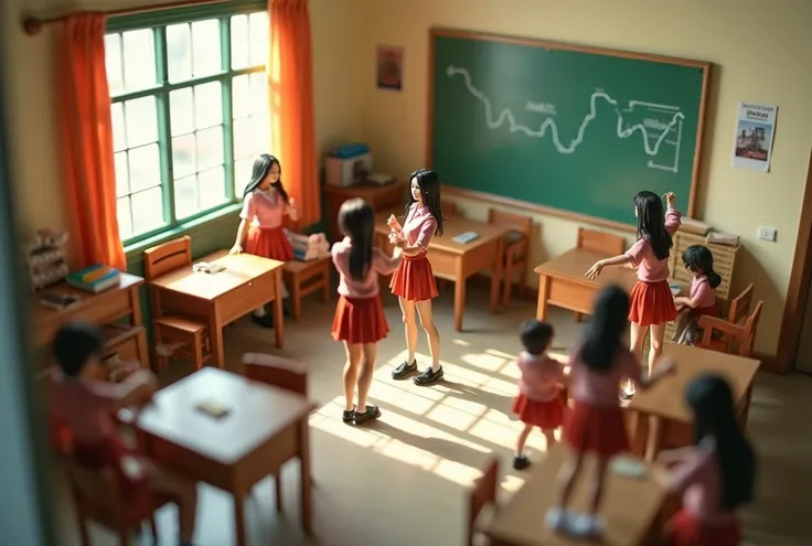 Miniature photography。A little overhead shot。A diorama of a corner of a girls&#39; school classroom。The diorama contains several realistic figures of busty schoolgirls in uniform.。An exhibition stand with a diorama will also be on display.。There are no rea...